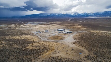 Aerial view of secure nuclear waste storage facility with containment structures in barren landscape under cloudy sky. Environmental safety and hazardous material management concepts
