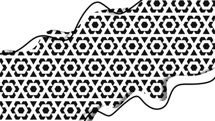 Aesthetic black and white geometric pattern with papercut frame. Abstract black and white pattern with hexagons and triangles, featuring a wavy paper cut suitable for your design