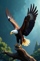 Fototapeta premium Majestic bald eagle launching from perch, wings outstretched, power, bald eagle