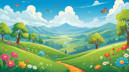 Fototapeta premium Cartoon Spring Landscape with Green Hills, Trees, and Butterflies Vector Illustration