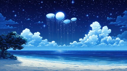 A serene beach scene under a vibrant starry night sky