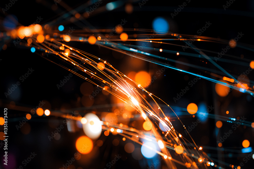 Aufkleber Abstract blurred image with flowing lines of orange and blue light against a dark backdrop. Suggests dynamic movement, energy, and interconnectedness in a digital or futuristic context.