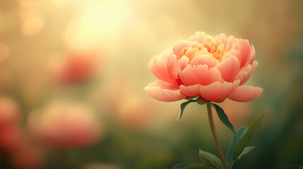 Single peony flower with a soft-focus background of other peony blooms in a garden