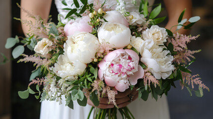 A wedding bouquet featuring elegant peonies mixed with other delicate flowers and greenery