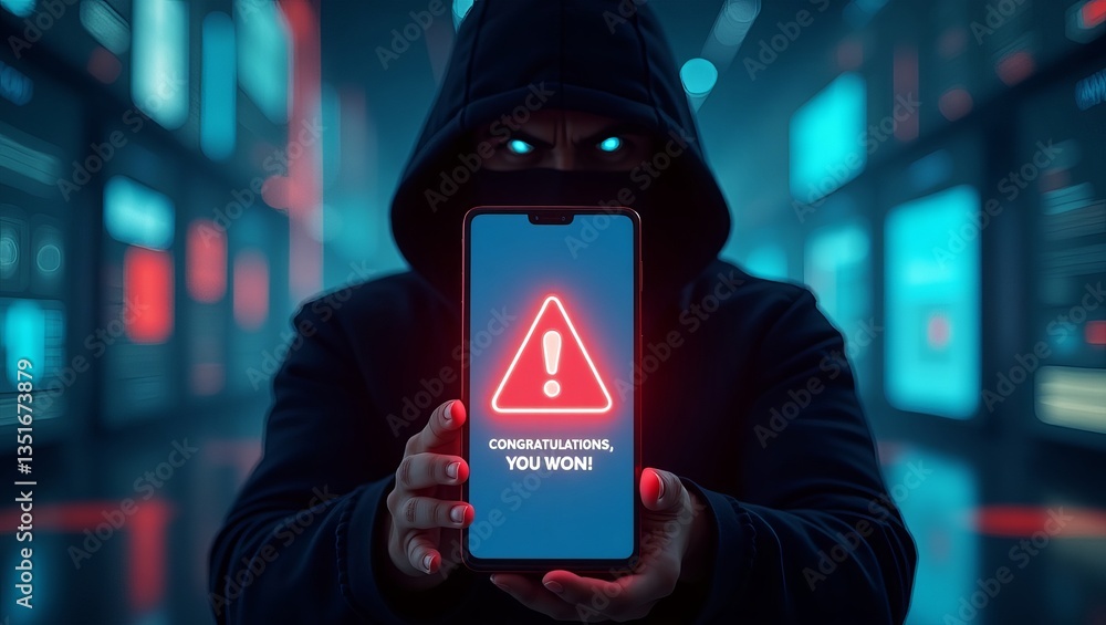 Poster a hooded figure presents a smartphone displaying a winning notification in a dark, tech-inspired set