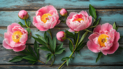 Peony flowers and buds in a stylish floral arrangement with a backdrop of rustic wood