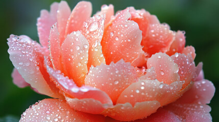 A close-up of a dewy peony flower after a light rain, showcasing its fresh appearance