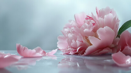 Peony petals gently falling onto a surface, creating a romantic and soft visual effect