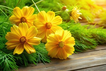 A captivating autumn still life: yellow cosmos flowers arranged artistically, a botanical masterpiece photographed from above.