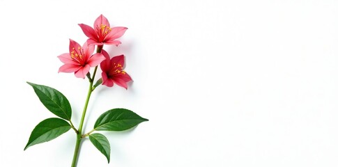 Single stem with leaves and flowers isolated on white background, nature photography, botanical
