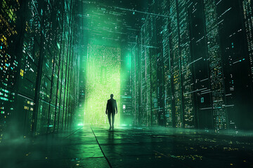 futuristic scene of a person visiting the digital oracle in neon light


