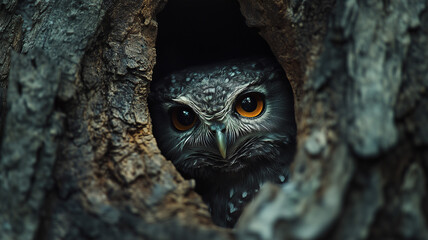 A rare Forest Owlet peering from a tree hollow with glowing eyes in the dim light