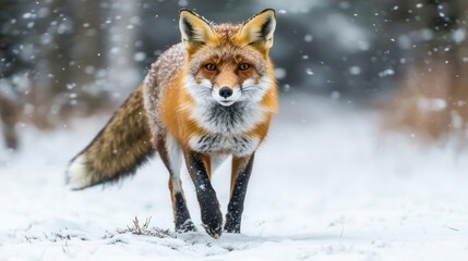 Obraz premium Red Fox Running Through Snowy Landscape in Winter Forest Surrounded by Falling Snowflakes