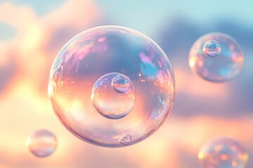 Bubbles float and glisten against clear glass, enhanced by a calming pastel sky during twilight hours