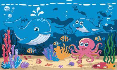 A vibrant underwater scene featuring a cartoon-style blue whale, easily editable.