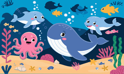 A vibrant underwater scene featuring a cartoon-style blue whale, easily editable.