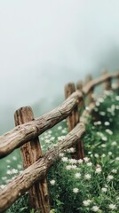 Beautiful wooden fence under fog