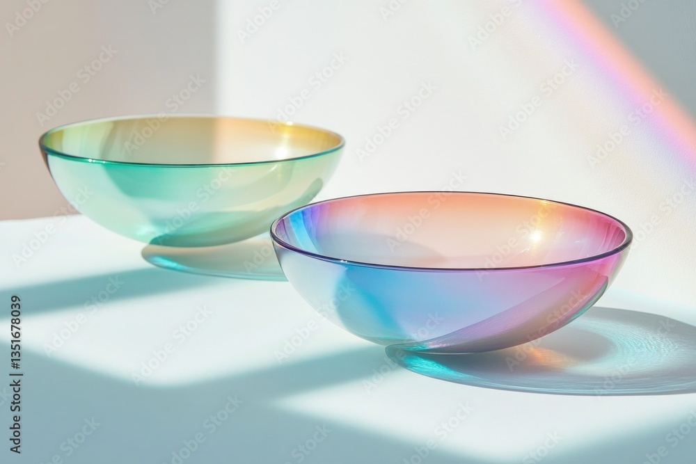 Poster two iridescent plates capture sunlight, casting playful colors on a minimalist surface that highligh