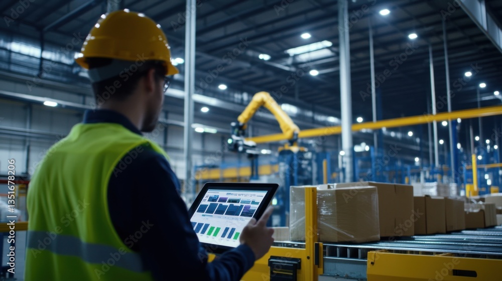 Aufkleber a worker monitors automated sorting systems using a tablet in a high-tech warehouse equipped with ro