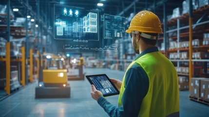 A worker in a safety vest and hard hat uses a tablet to monitor automated sorting processes in a high-tech warehouse environment