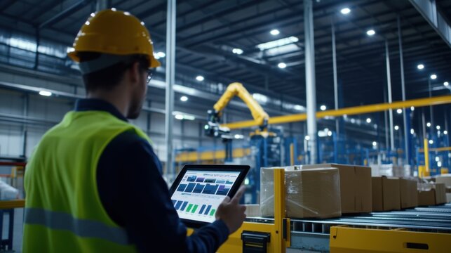 A worker monitors automated sorting systems using a tablet in a high-tech warehouse equipped with robotic machinery