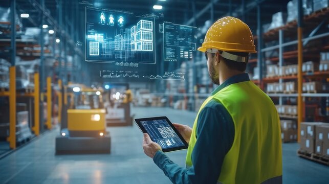 A worker in a safety vest and hard hat uses a tablet to monitor automated sorting processes in a high-tech warehouse environment