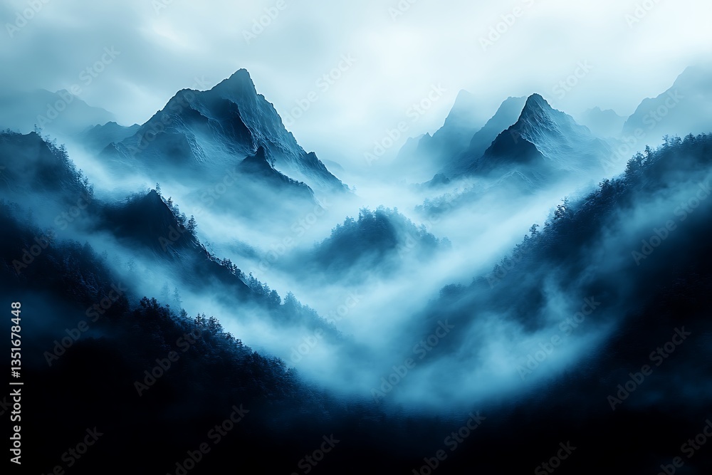 Poster wisps of fog forming delicate layers with a smooth blue transition.