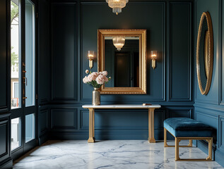An Art Deco-style hallway with deep dark blue walls, large mirrors in gilded frames, and glossy marble flooring. An elegant console with golden legs, a velvet bench, geometric patterns in the decor. S
