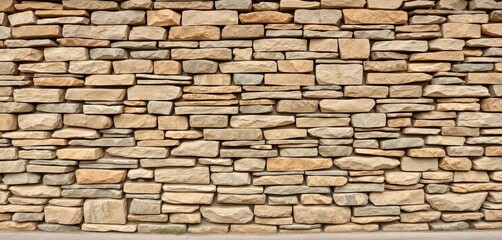 Obraz premium Horizontal backdrop of a rustic stacked stone wall, various sizes and shades of natural stone, texture, rustic, earth tones