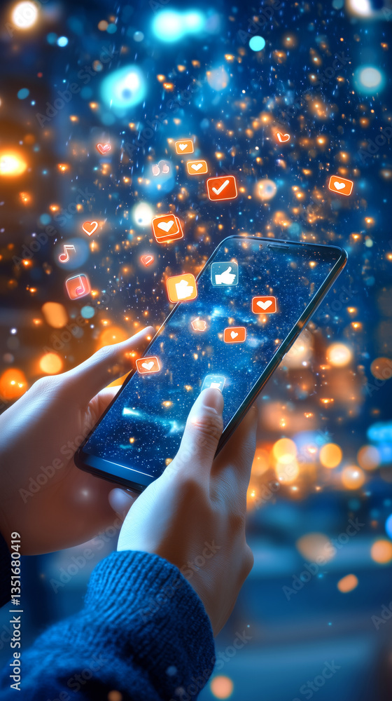 Poster a person holds a smartphone displaying various social media icons while surrounded by vibrant lights