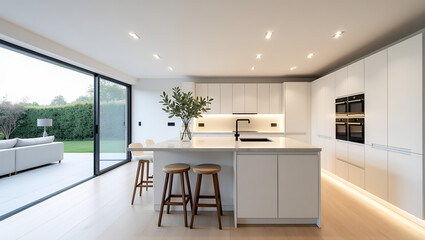 Fototapeta premium A spacious modern minimalist kitchen: white glossy handleless cabinets, built-in appliances, a large marble countertop. A central kitchen island with bar stools, a glass vase with eucalyptus branches.