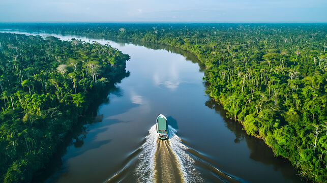 Aerial view of boat on river through rainforest