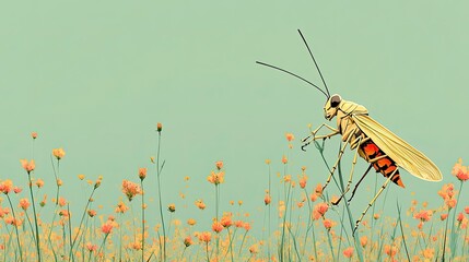 Pastel grasshopper amidst wildflowers, artistic illustration, nature scene, perfect for children's book illustrations