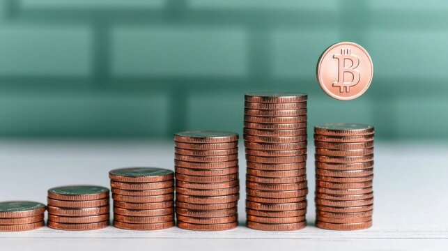 Coins tumbling down a staircase alongside an interest rate symbol, representing the decline in financial returns and the negative impact of falling rates on investments. , Minimalism Clean and clear