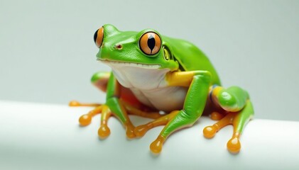 Obraz premium Green tree frog perched on white, vibrant skin, leaping, eyes, pure