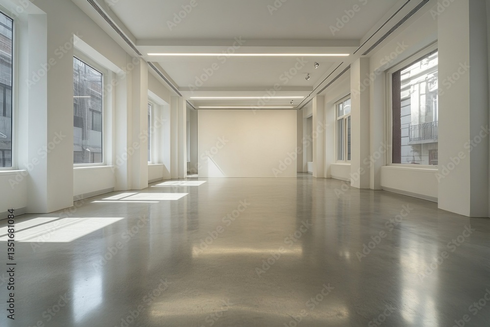 Poster spacious gallery showcases a minimalistic design with concrete flooring and abundant natural light s