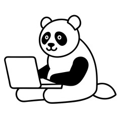 A panda working remotely on a laptop line art vector illustration 
