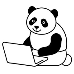 A panda working remotely on a laptop line art vector illustration 