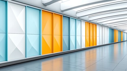 Colorful panels line a modern corridor. Reflections glow on the floor