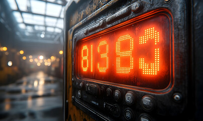 Obraz premium Close-up of a digital display showing the number 8183 in an industrial setting with blurred lights
