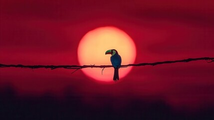 Toucan Bird Perched on Branch Silhouetted Against a Vibrant Sunset Background
