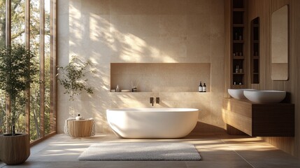 Modern bathroom features a freestanding tub, dual sinks, and wood accents, illuminated by natural light from large windows