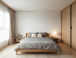 A cozy Japandi-style bedroom: a wooden-frame bed, textiles in natural tones—beige, gray, cream. White walls, light wooden floor, a built-in wardrobe with sliding doors. Minimal furniture, a few books 