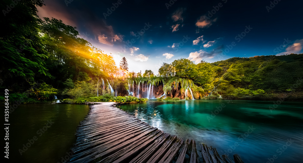 Poster wooden path to cascading waterfall in lush green forest. sunlight filters through trees onto turquoi