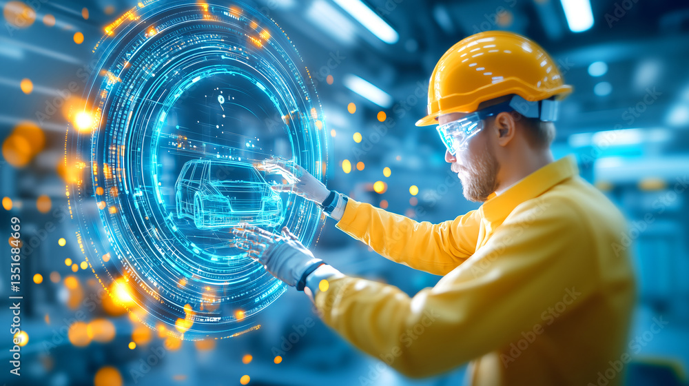 Aufkleber an engineer in a hard hat and safety glasses uses augmented reality to project a 3d car model in a b