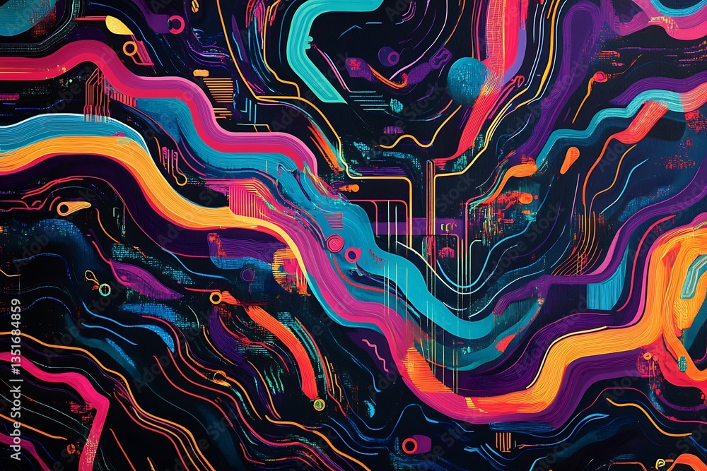 Poster multicolored glowing pathways interconnecting seamlessly in a complex circuit layout.