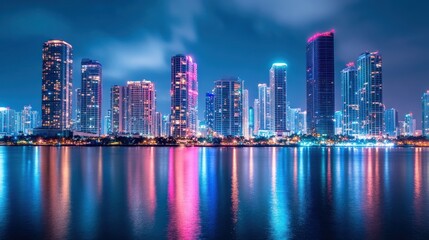 Obraz premium Miami Skyline Night Reflection: A Vibrant Cityscape at Dusk