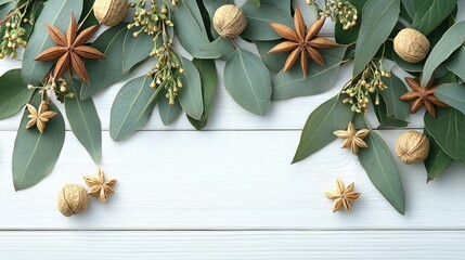 Flat lay of eucalyptus leaves, walnuts, and star anise on white wood.