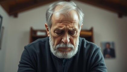 Somber father with gray beard shows disappointment