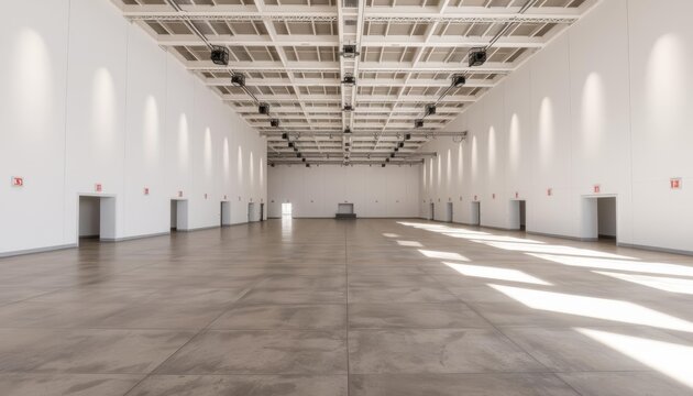 Well-lit fan convention hall with high ceiling and concrete floor